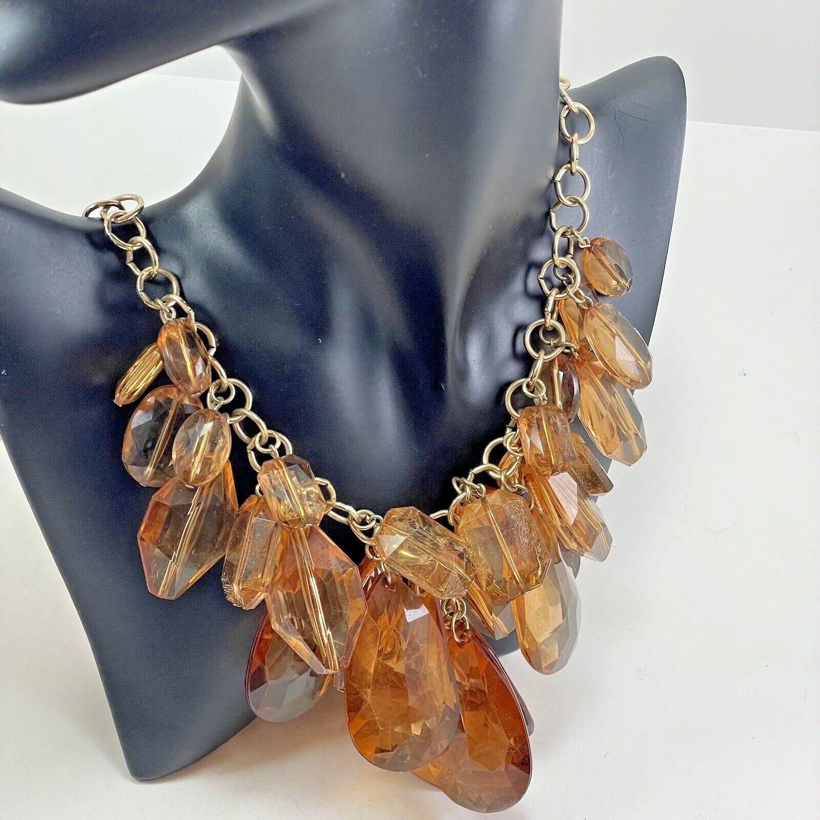 Rj Graziano Statement Bib Necklace Amber Lucite Teardrop Beads 20” Gold Tone